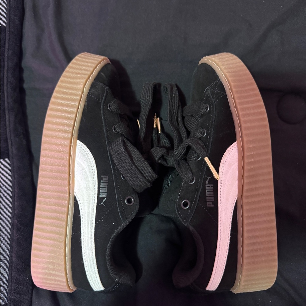 Puma Black Suede Platform Sneakers with White and Pink Stripes